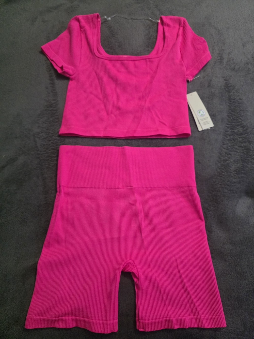 No Boundaries Hot Pink Ribbed Two-Piece Crop Top and Bike Shorts Set